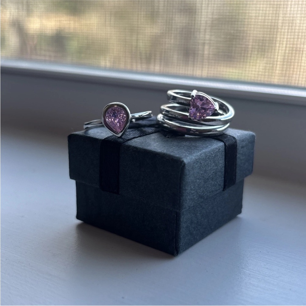 2 Piece White Gold Plated Pink Heart CZ Ring Set | Romantic Boho | Adjustable - Picture 9 of 14